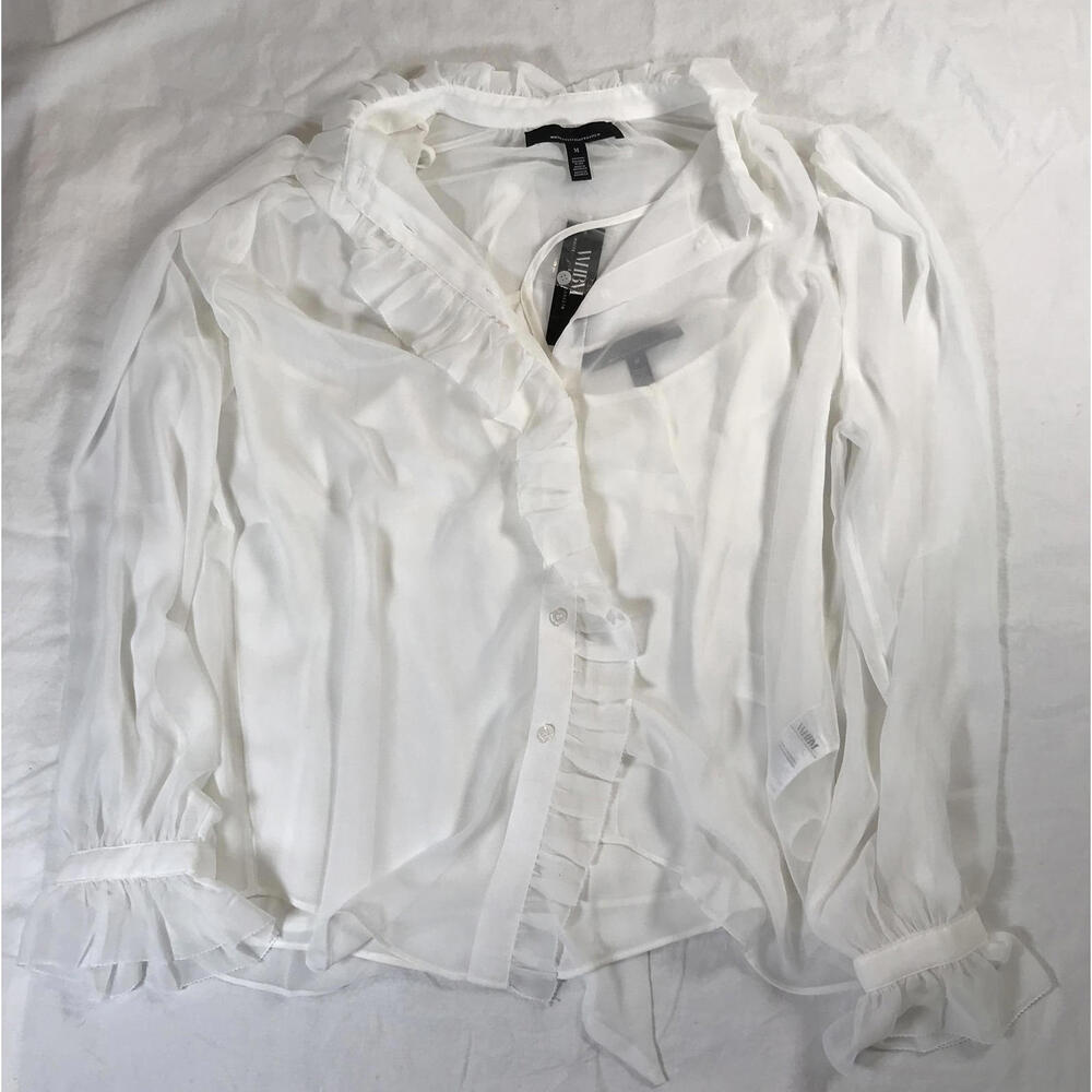 Whitehouse Black Market White Sheer Ruffle Blouse with Tie Neck